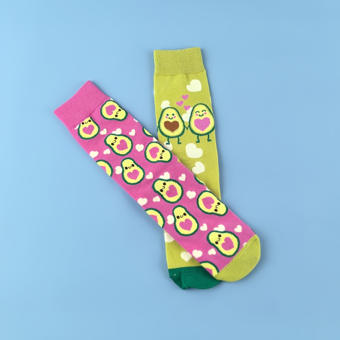 Image of 1 Pair Of Fresh And Fashionable Asymmetrical Avocado Mid-calf Socks, A Must-have For Stylish And Unique Outfits