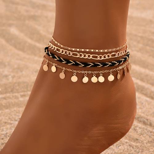 4er-set damenmode fußkettchen vintage bohemian schwarz geflochtenes fußkettchen set für tägliche freizeit urlaubsbekleidung urlaubsgeschenke