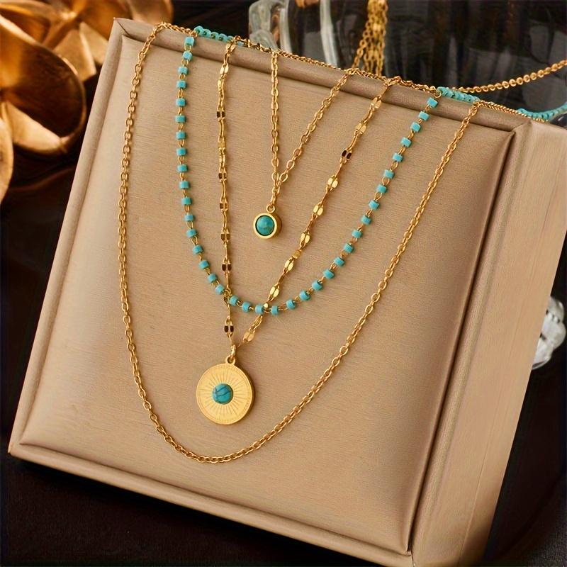 

4pcs Retro Stainless Steel Necklaces, 4 Layers Chain Double Pendant Necklaces, Cool Jewelry Gift