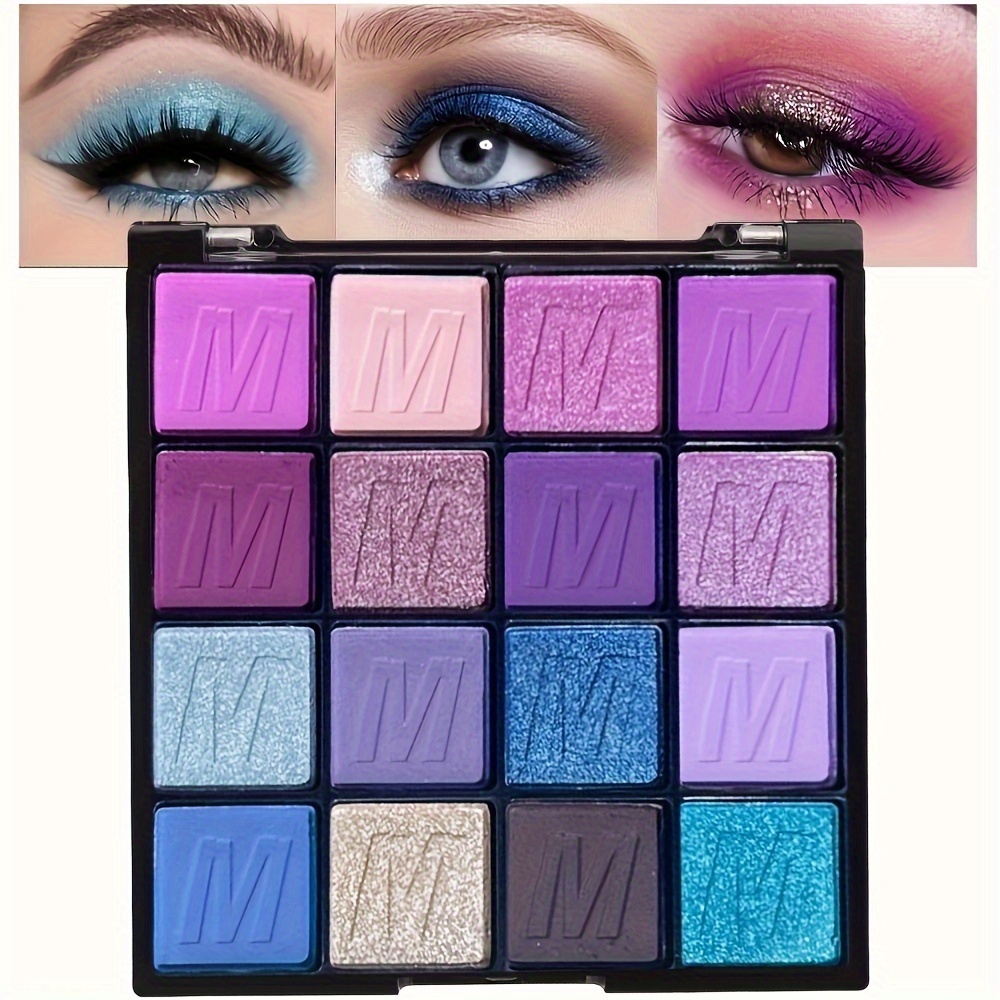 

16-color Eyeshadow Palette, Shimmer Glitter & Matte Shades, Navy Blue To Purple To Pink, Waterproof, Highly Pigmented, Smokey Sparkling Pressed Glitter, Makeup Display Tray