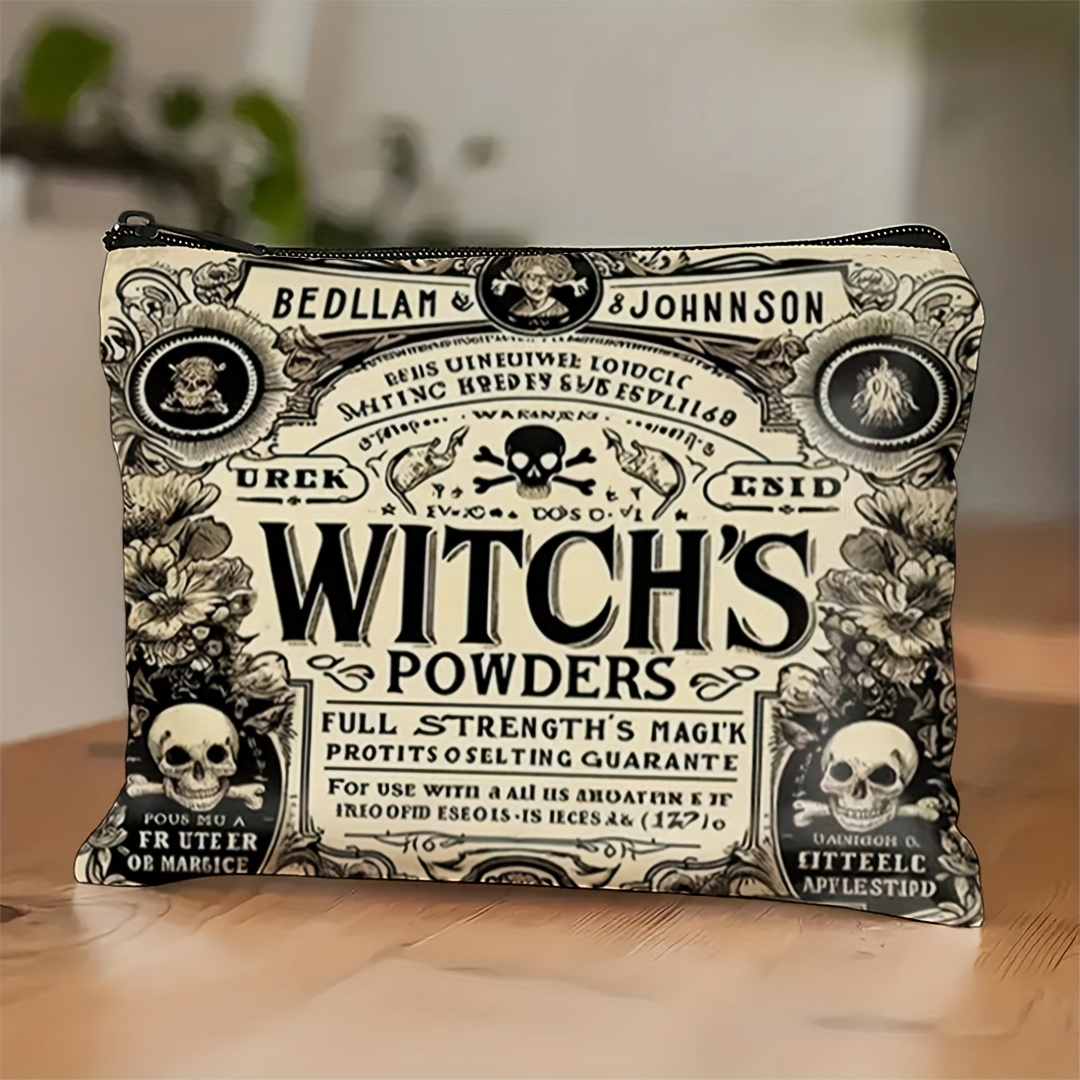 TEMU 1pc, Gothic Makeup Bag, Featuring Wiccan Herbs, Potions, And Magical Symbols - Vintage Victorian Gothic Design Cosmetic Organizer, Golden And