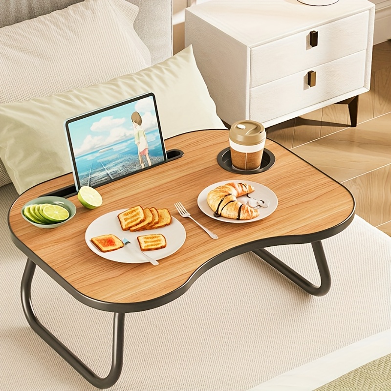 Portable Folding Bed Table - Recycled Wood Fiberboard Compact Computer Desk, Lightweight Sturdy Design With Built-in Cup Holder & Mouse Pad, Space- Storage For Bachelor Apartment, Weekend Use