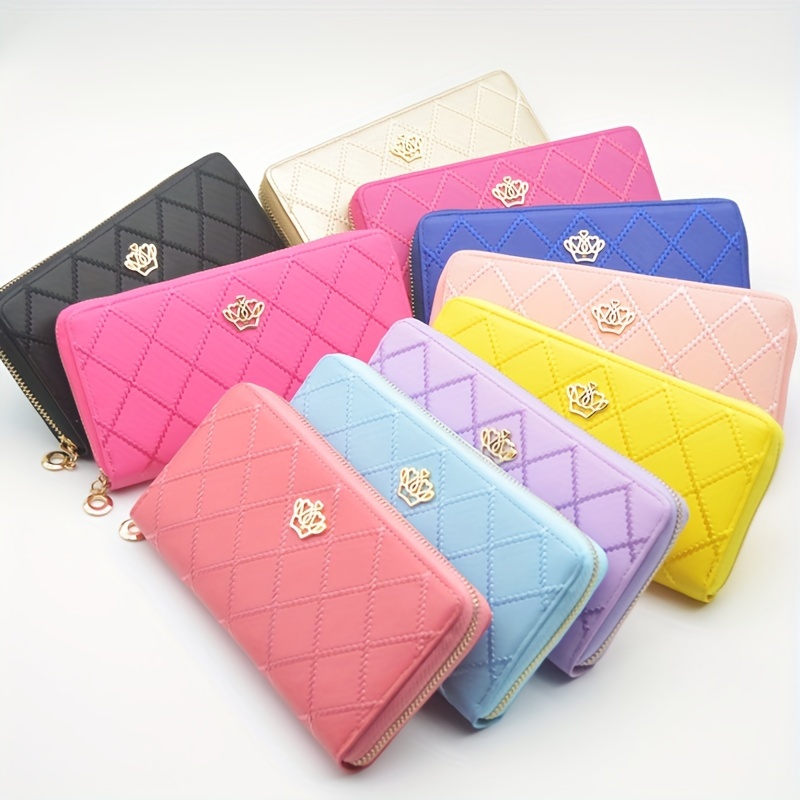 

Women's Classic Long Zipper Wallet, Quilted Crown Design Coin Purse, Multifunctional Clutch And Phone Holder