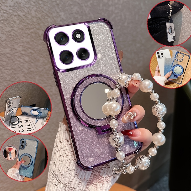 TEMU Phone Case: Shockproof Glitter Case For Motorola Moto G86 Power With Makeup Mirror Ring Holder & Pearl Beaded Wrist Strap, Electroplated
