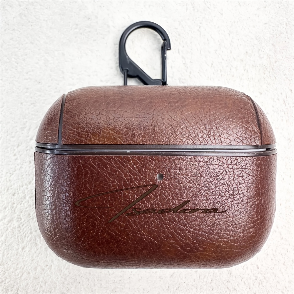TEMU Étui pour écouteurs personnalisé avec nom gravé, texture simili-cuir vintage minimaliste, compatible avec les modèles 1/2/3/4/Pro/2, cadeau de