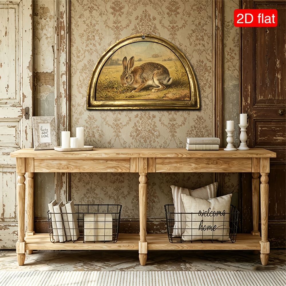 TEMU 2d Flat, 1pc Bohemian Rabbit Wall Art - Arched Wood Frame Suitable For Foraging Rabbit Painting, Wood Panel Decor, Farmhouse Hanging Sign For