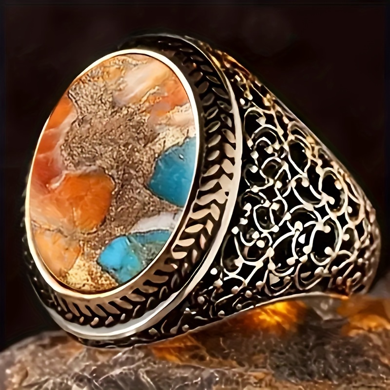

1pc Copper Retro Creative Men's Fashion Natural Stone Ring Perfect Jewelry Gift For European And American Men