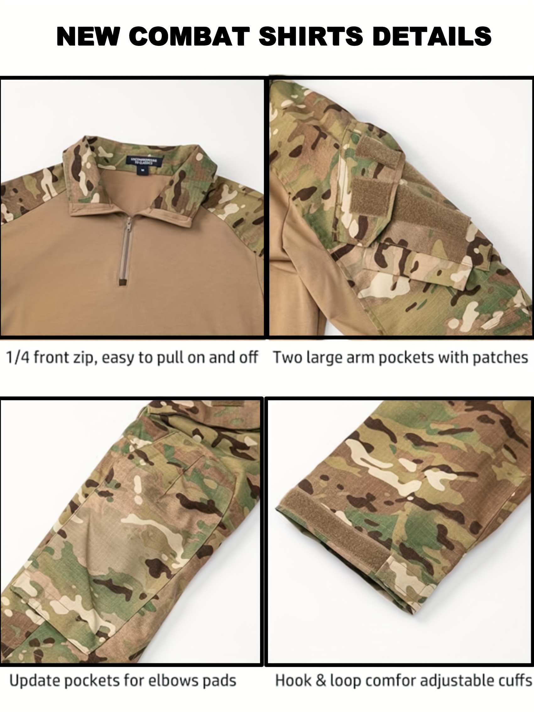 Men's Camouflage Pattern Tactical Shirt, Military Combat Long Sleeve Shirts with 1/4 Zip for Outdoor Activities,Temu
