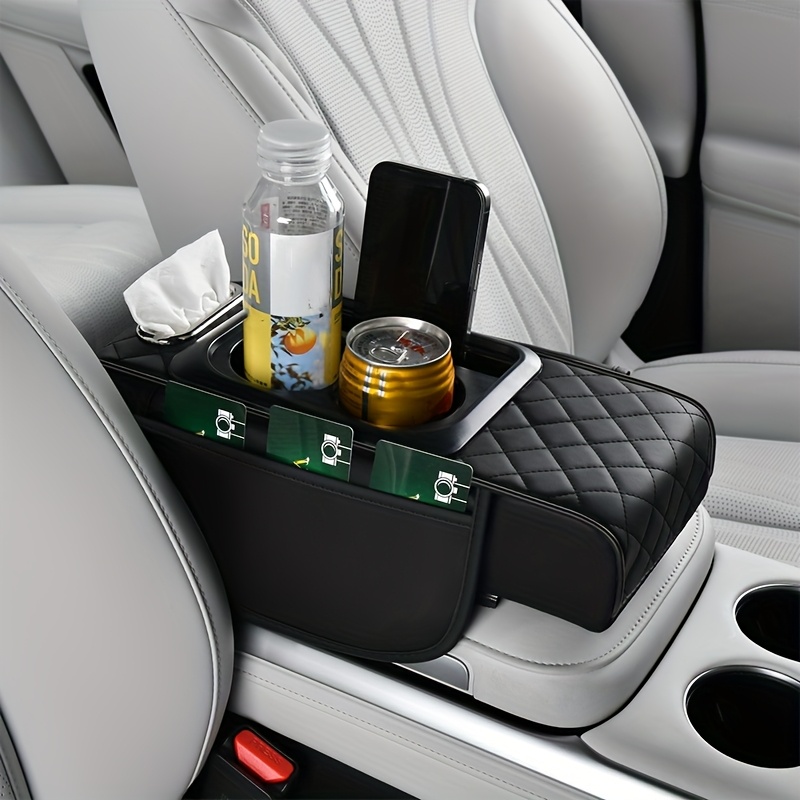 TEMU Car Armrest Cushion Storage Box, Faux Leather Multifunctional Armrest Pad, Universal, With Cup Holder, Phone And Tissue Storage, Suitable For