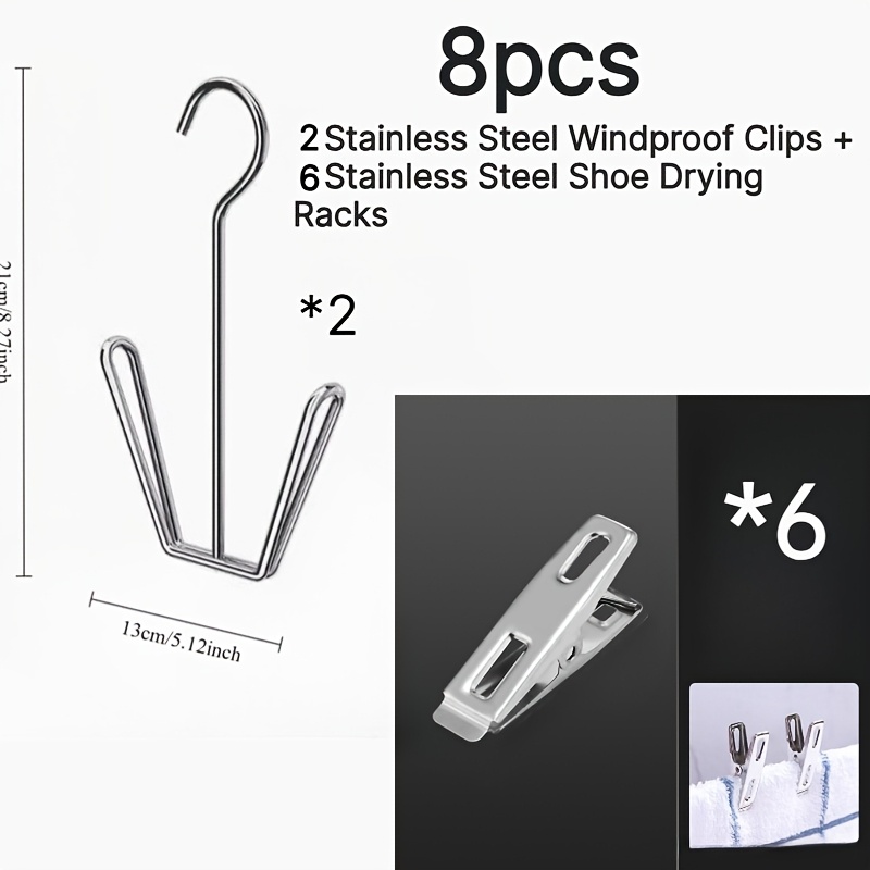 TEMU 8pcs Set (6pcs Stainless Steel Windproof Clips And 2pcs Stainless Steel Shoe Racks), Hanging Shoe Rack, Space-saving Windproof Design,