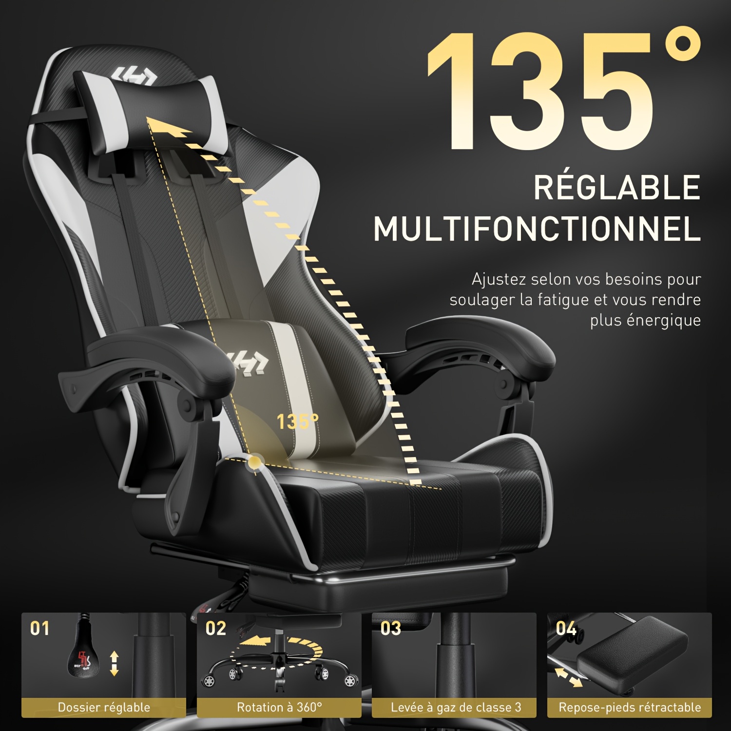 1 Chaise Gaming Ergonomique | Avec Appui-Tête, Inclinaison Réglable & Repose-Pieds, Support Lombaire Massage, Fabriquée en Matériau Durable, Respirant, Pivotant à 360 Degrés, Meilleur Cadeau Pour Père et Petit Ami, Adulte, 6 Couleurs - SOLAVERO