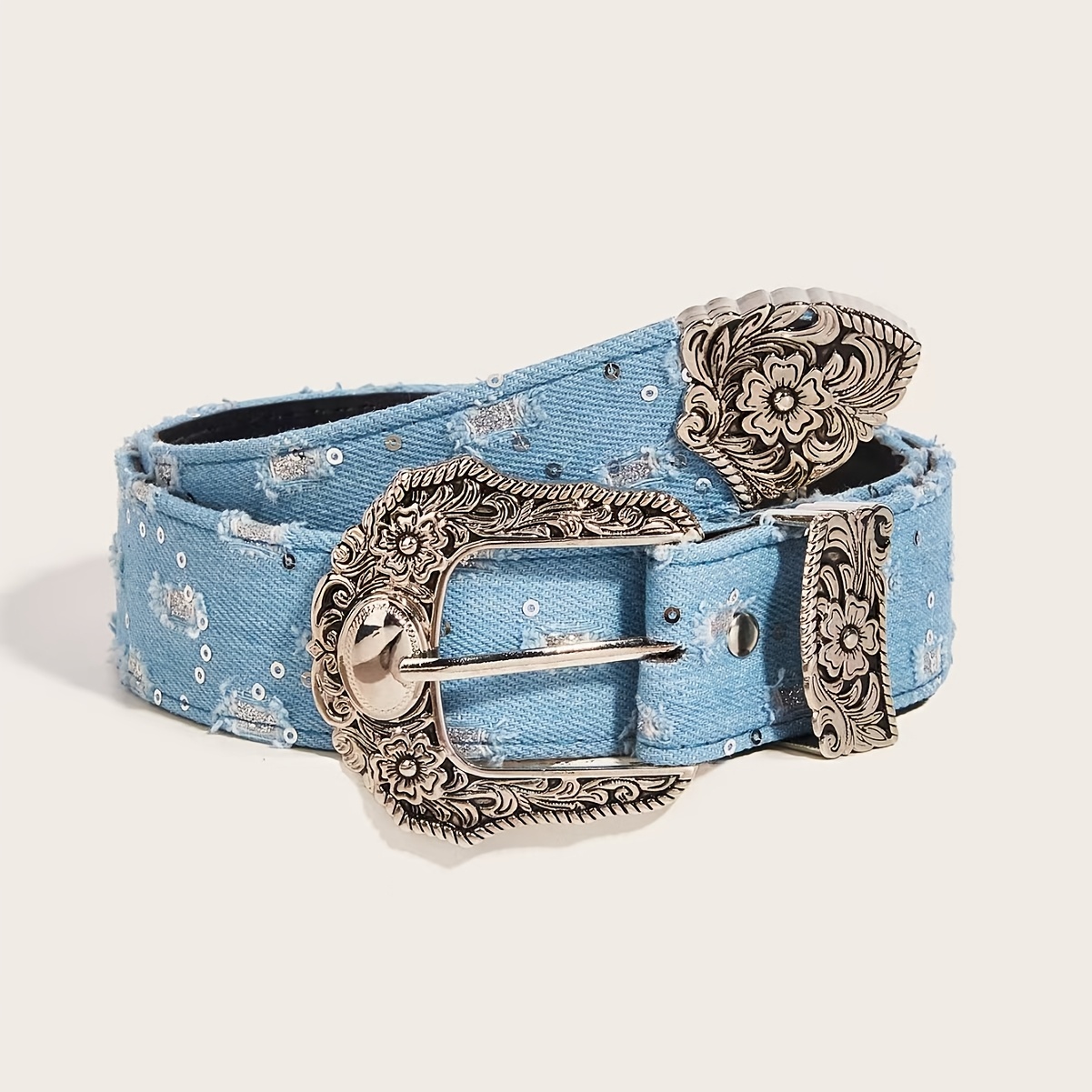 Vintage-style Belt With Retro Carved Pin , Embroidered Rivet Detail, Panel - Versatile Accessory For Beach, Night Out, Weekend Casual, Festive Occasions - One-size Denim Aesthetic Belts