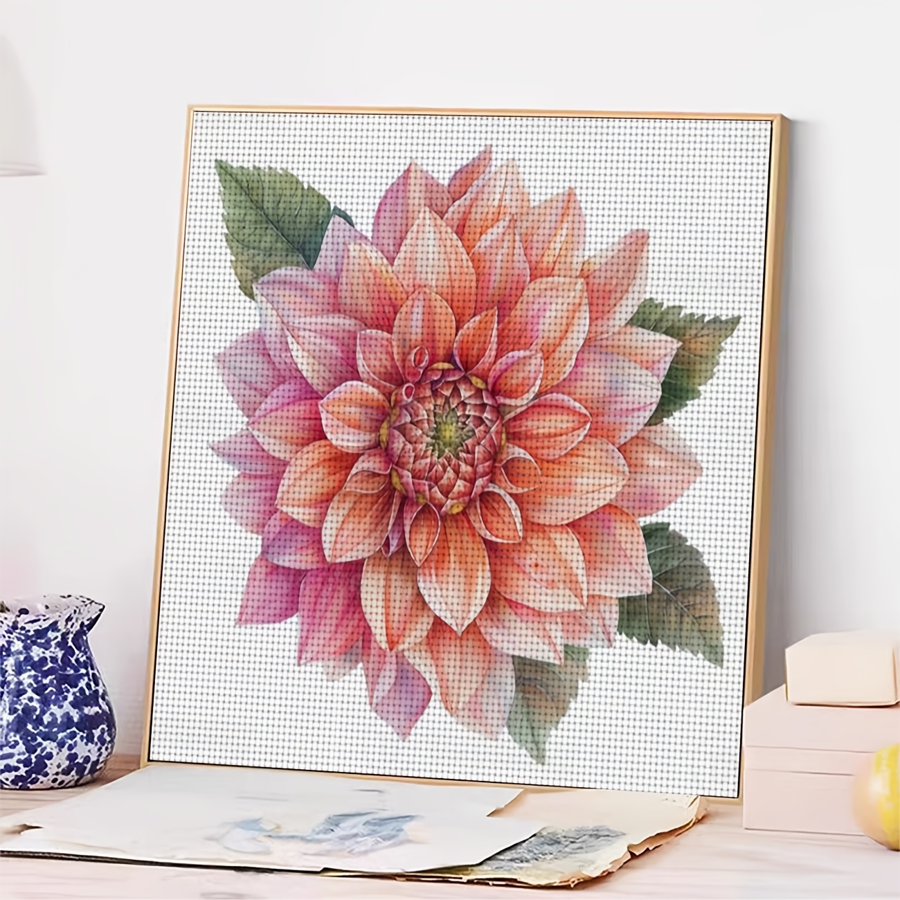 Cross Stitch Printed Kit, Frameless, Pink Orange Daisy Pattern