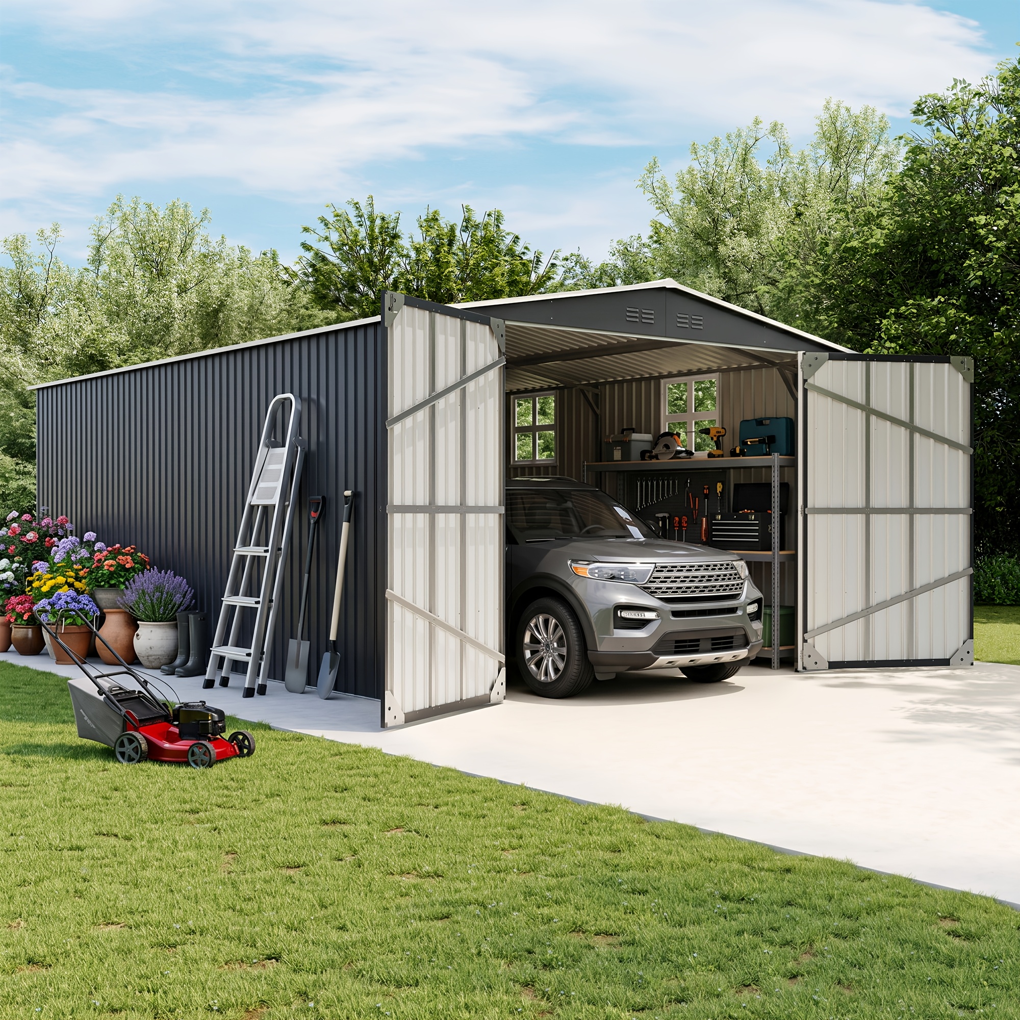 12X20 FT Extra-Large Outdoor Storage Shed with Side Door And 2 Windows Heavy-Duty Metal Tool Shed for Backyard, Garden, Patio, Or Lawn Black