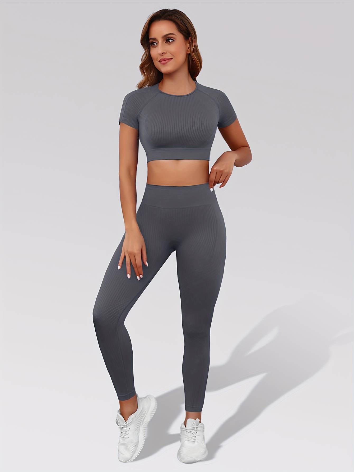 Damen Yoga Set 2-teilig | Crop Top Langarm + High-Waist Leggings | Stretch Fitness Activewear | Für Gym, Laufen, Pilates