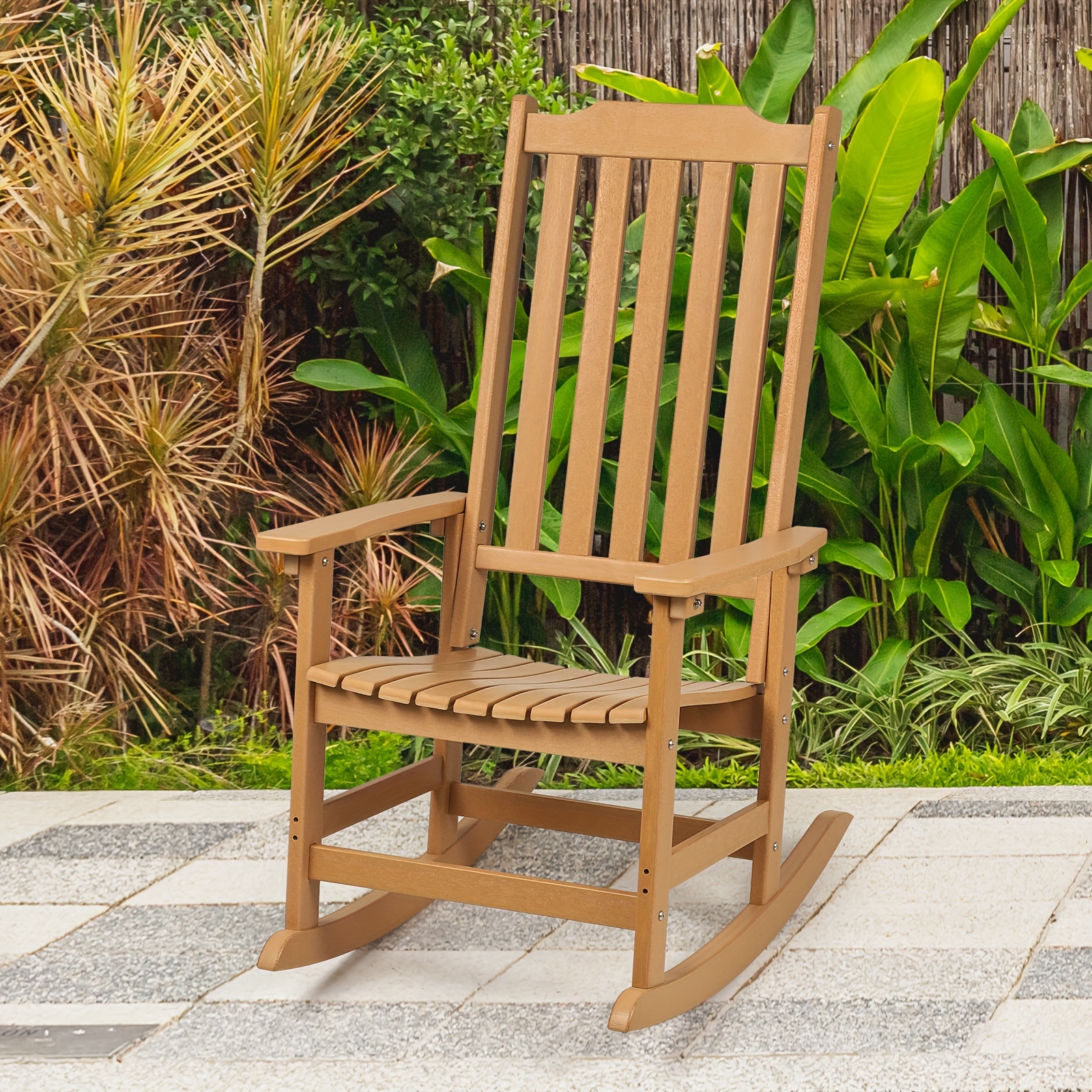 outdoor rocking chair, solid wood high back rocker with slatted