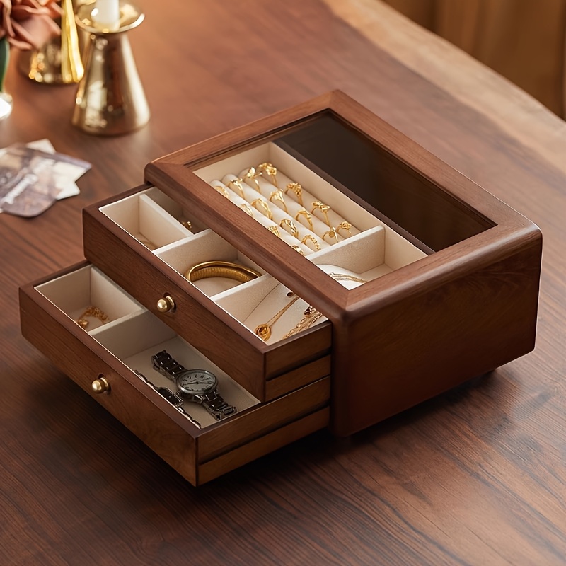 Wooden Walnut-colored Double-layer Transparent Jewelry Box with Drawer Design, Extra-large Capacity Storage Case, Suitable for Rings, Necklaces, Earrings, Bracelets, and Other Types of Jewelry. A Classic Solid Wood Jewelry Storage Box, a Practical