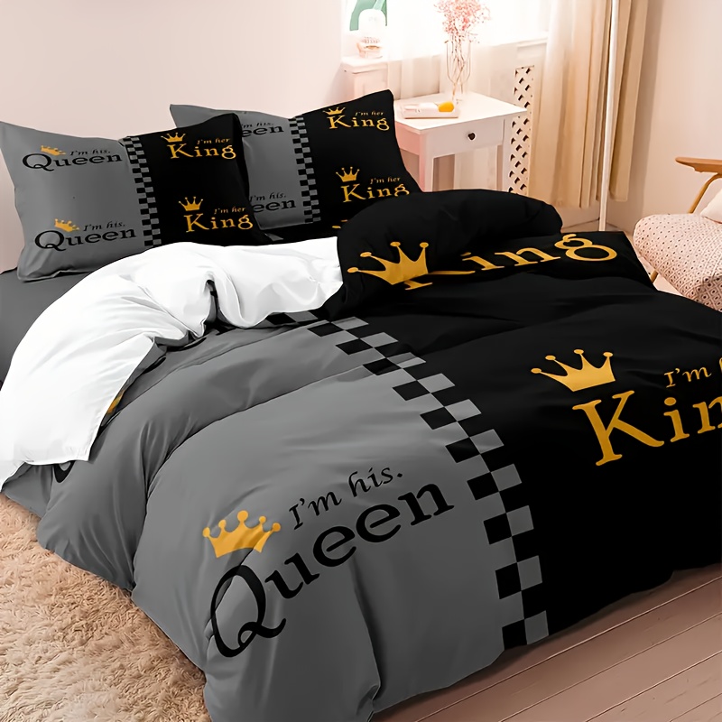 3pcs valentines day duvet cover set king queen   in black gray soft breathable polyester   1 duvet cover and 1 2 pillowcases zip closure machine washable for     couples bedding set   text bedding soft polyester fabric bedding duvet cover set Product details 2