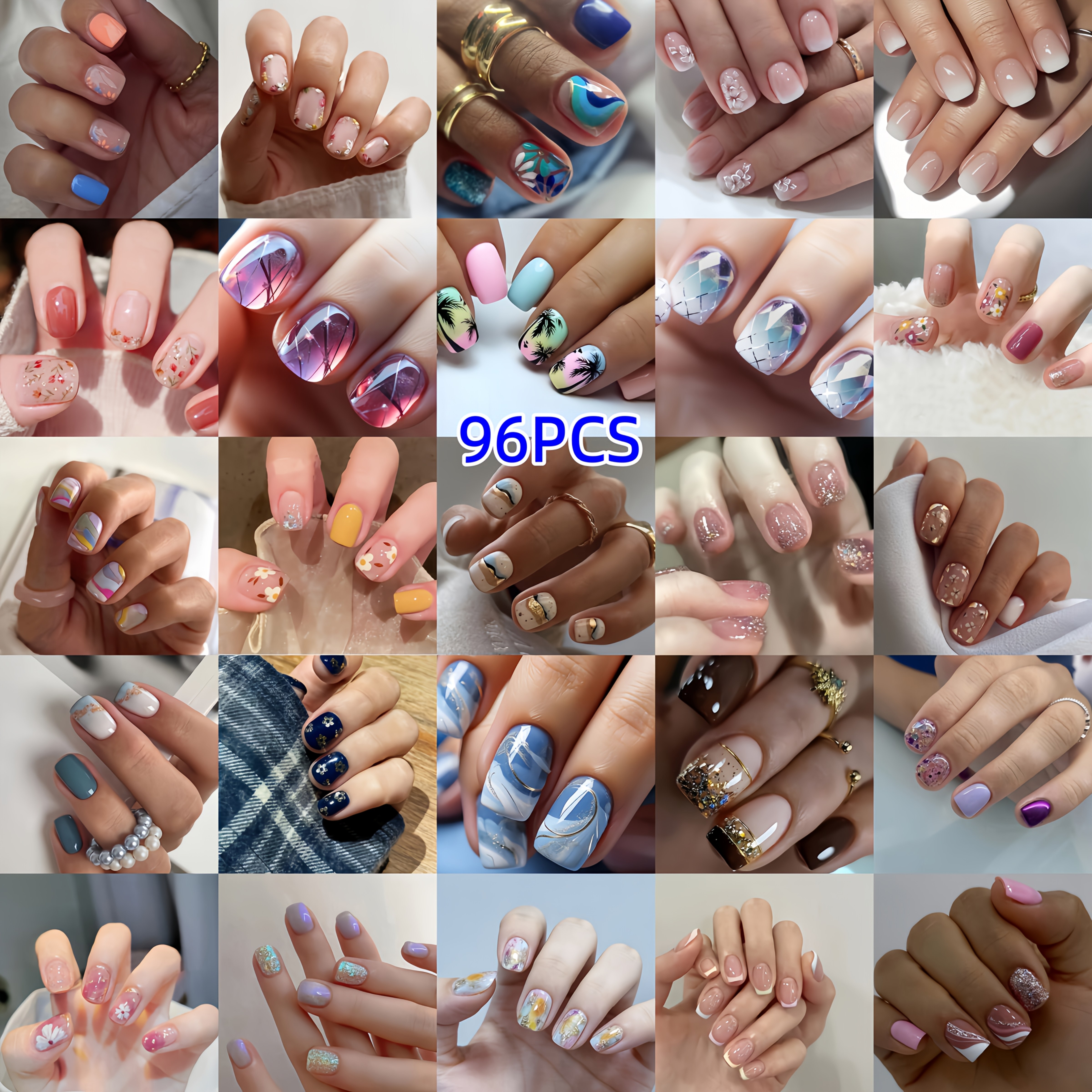 TEMU 96pcs Random -on Nails, Assorted Short Square Fake Nails, Mix, Detachable Artificial Nails, Simple Nails, Women's Nails, Durable Nails, Y2k