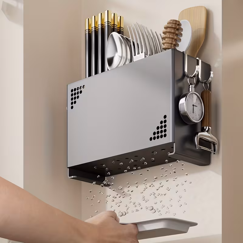 1pc wall mounted chopstick holder space saving kitchen organizer with cutlery slots countertop utensil rack with built in drainage system for home and restaurant use suitable for chopsticks spoons spatulas compact countertop or wall rack Product details 7