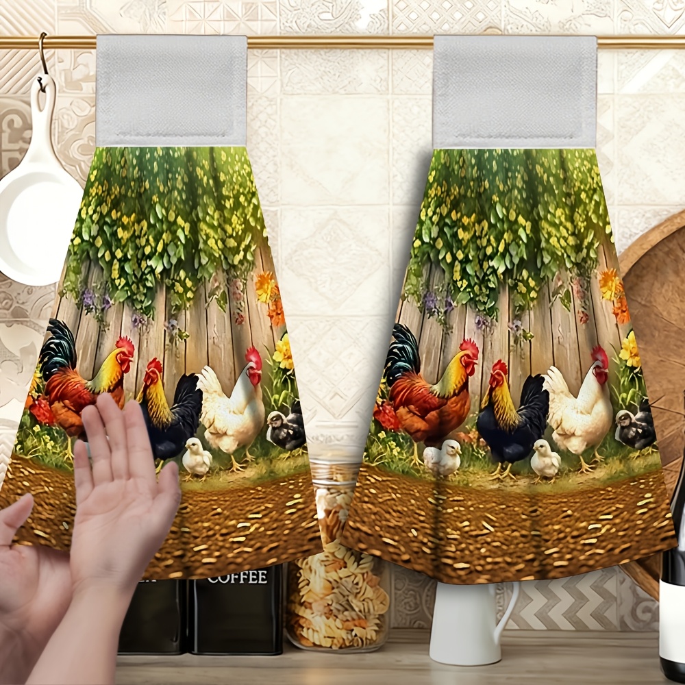 TEMU 2pcs Hanging Hand Towel, Chicken, Rooster, Hen Print Kitchen Towel, Soft Microfiber Material, Durable, Cute Cartoon Pattern, Fine , Suitable For