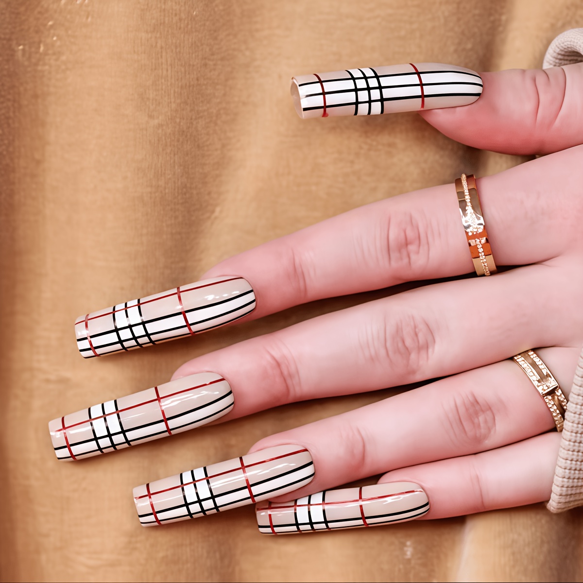 TEMU 24pcs Convenient Press-on Nails, Classic British Pattern With Light Nude Base, Long Straight Style, Light Luxury Vintage High-, Glossy Finish,