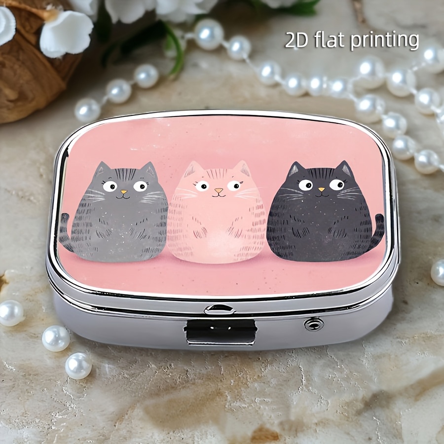 Image of 1pc Lovely Cats Pill Box, 2 Compartment Medicine Pill Case, Portable Pill Box For Pocket Or Purse, Pill Box Decorative Metal Medicine Vitamin Organizer For Pockets Purses Travel Unique Gift