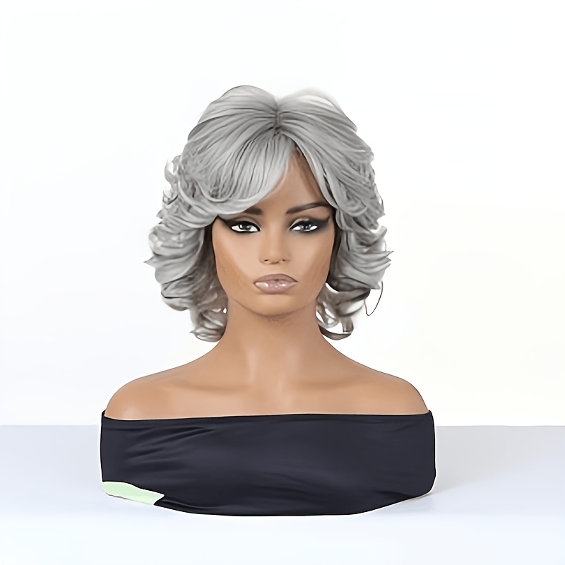 TEMU Perruque Bouclée Moelleuse et Épaisse à Couches Courtes pour Femme, 12 Pouces, Gris Argenté, avec Frange Latérale Légère, Convient pour , les