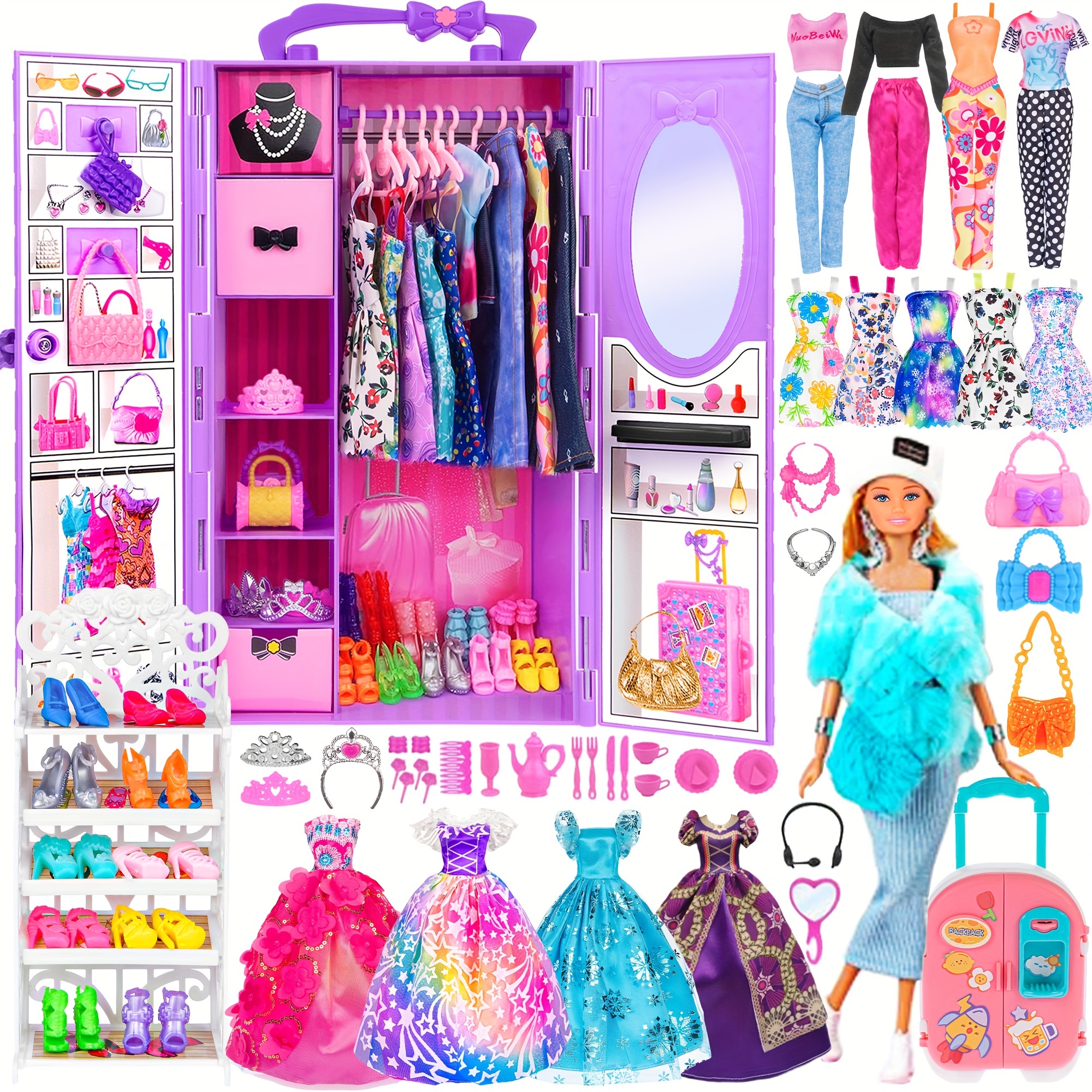 

Doll And Accessories Doll Closet Playset With 106 Pcs Doll Clothes And Accessories For Girls 6-12 Including 1 Doll, Closet, Stylish Blue Set, Luggage, Shoe Rack, Wedding Gowns (one Doll)