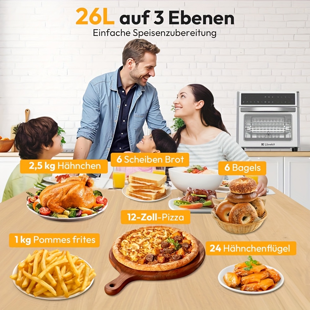 26L Hot Air Fryer XXL, Hot Air Oven With LED Touch Screen, 12-in-1 Stainless Steel Mini Oven With Convection, 7 Accessories, 1700 W Oil-Free Rotisserie Function Air Fryer Commercial Cooking Equipment Commercial Oven