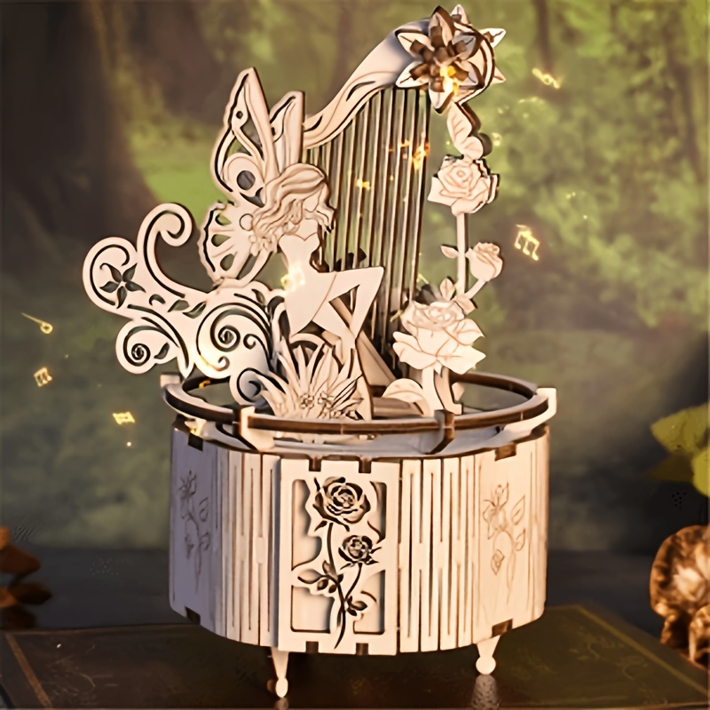 Image of 3d Wooden Music Box Puzzle Kit- Fairy, Harp& Clover Design. Hand-crank Mechanical , No Batteries. Creative Bookshelf Decor, Relaxing Gift For Adults& Teens. Ideal For Birthday/christmas.