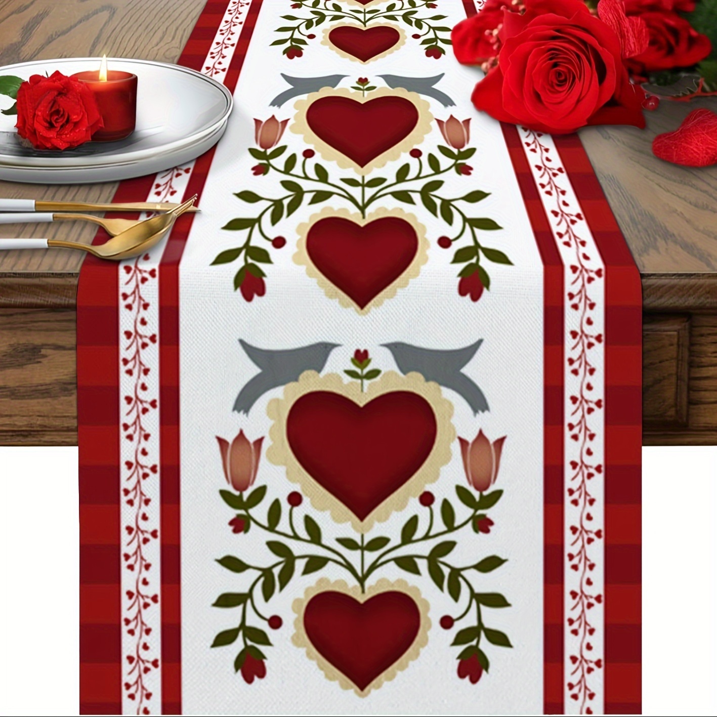 

1pc Valentine's Day Linen Table Runner - 100% Woven Rectangular Dresser Scarf With Non-slip, Washable, Red Heart Floral Design For Farmhouse Dining & Holiday Decor, Multiple Sizes