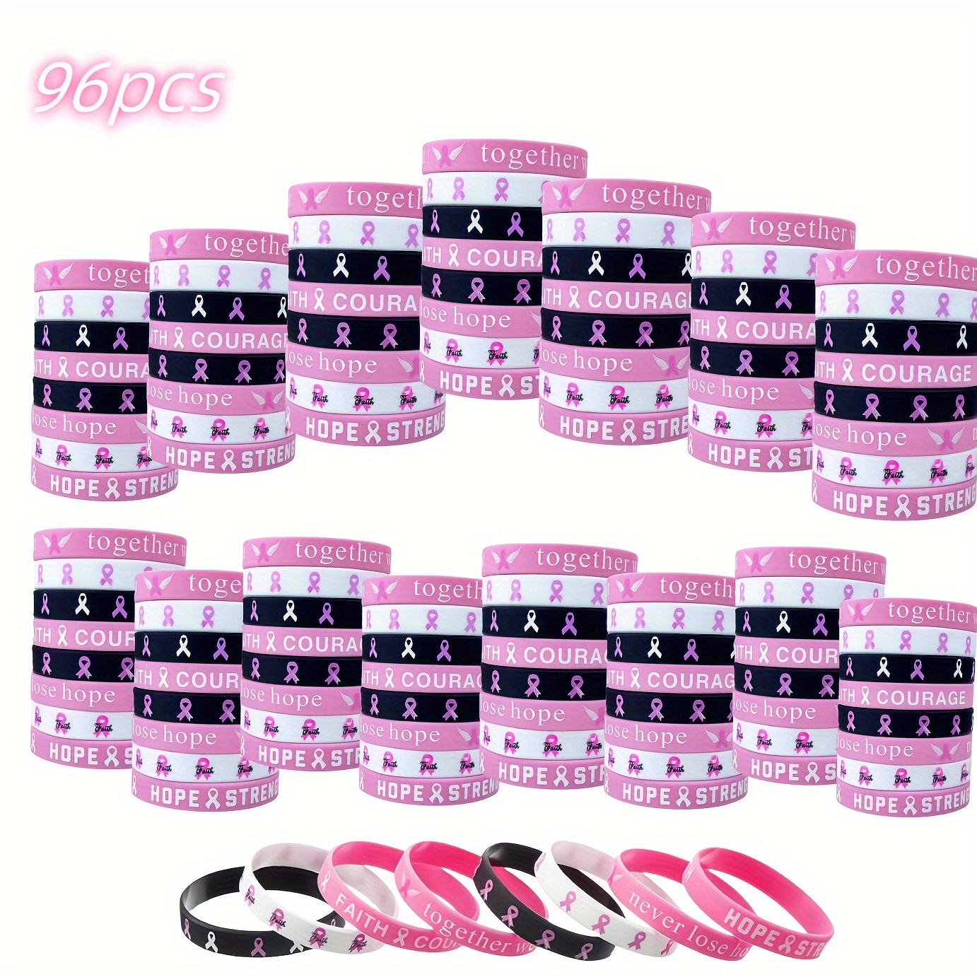 

96pcs Breast Awareness Silicone Wristbands - Support, , Faith, Hope & Strength Bracelets For Women