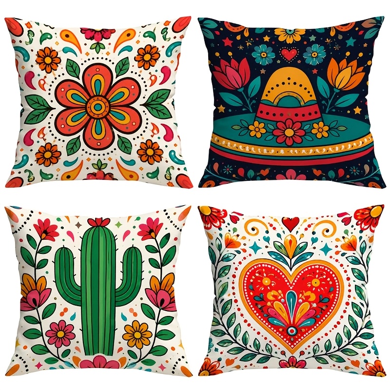 TEMU 4pcs Set Mexican Pillowcases, Vibrant Patterns With Flowers, , Mexican Sombreros, And Hearts, Bohemian , Suitable For Sofa/living Room/bedroom,