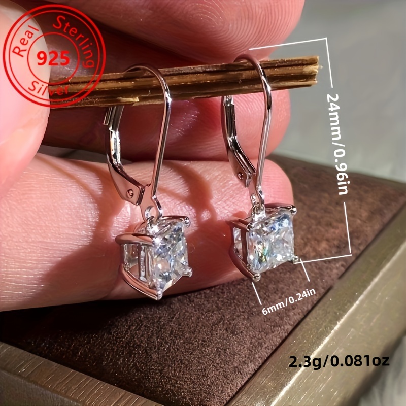 TEMU 1 Pair Sterling Silver 925 Hypoallergenic Hoop Earrings – Square Cubic Zirconia Dangle Design – Chic & 's Accessory – Perfect For Wedding, &