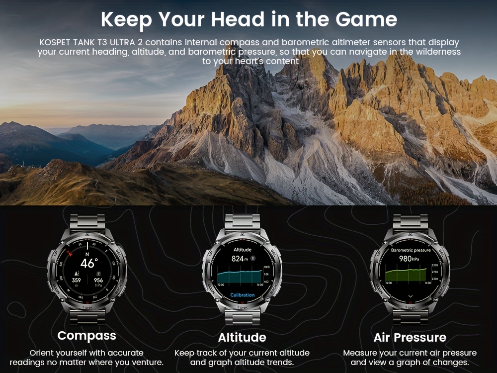 Le KOSPET TANK T3 Ultra2 est une montre intelligente GPS conçue pour les hommes, dotée d'une boussole, d'un altimètre et d'un capteur de pression barométrique. Elle prend en charge six systèmes de positionnement satellitaire et dispose d'une batterie de 470 mAh qui peut durer jusqu'à 60 jours. Avec une armature robuste en acier inoxydable.