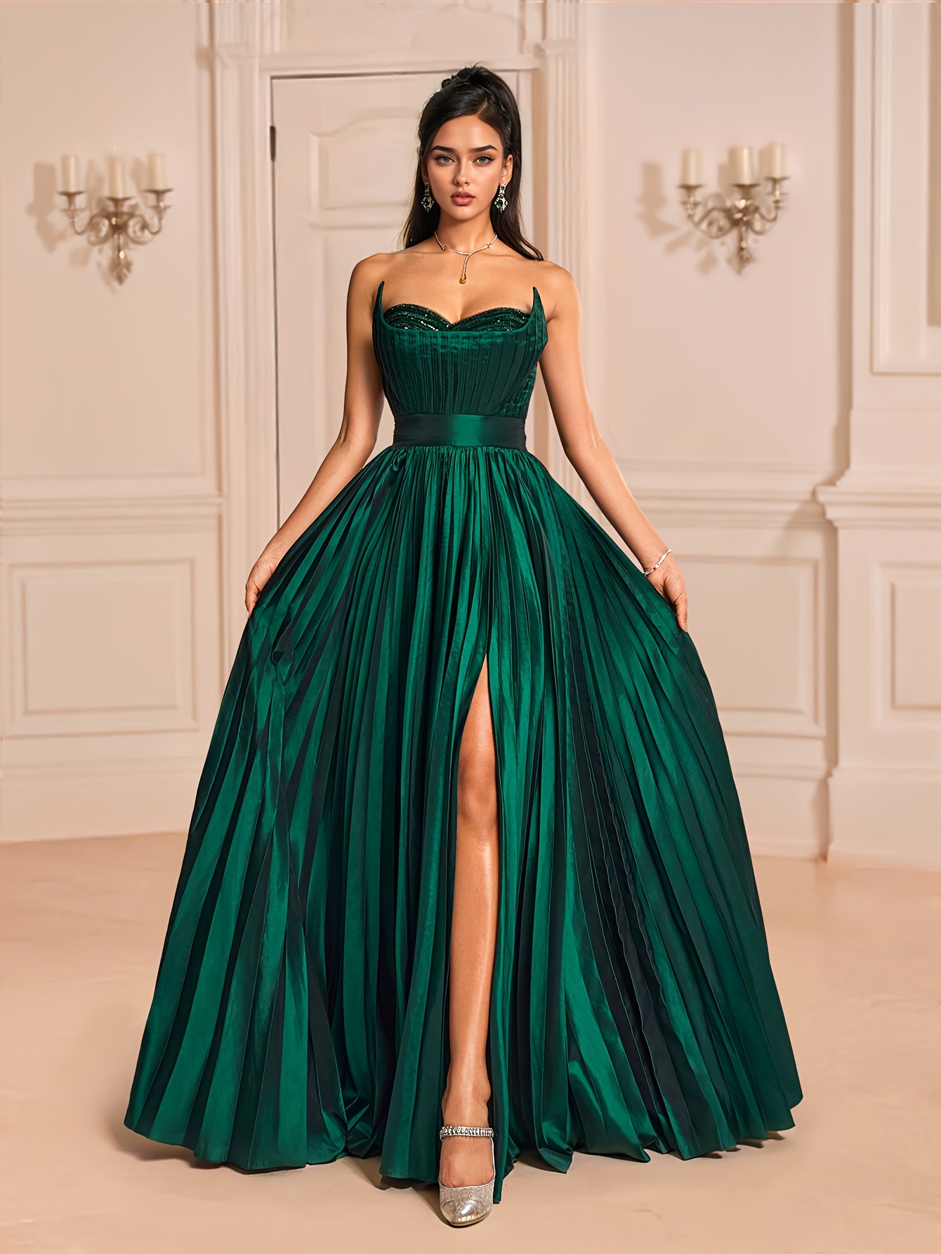 emerald green womens strapless v neck evening gown elegant Temu