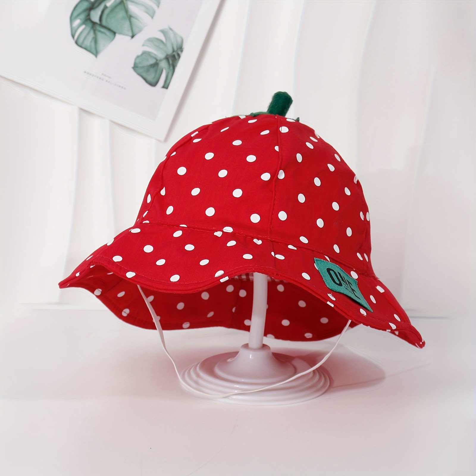 

1pc Little Girl Cute Polka Dot Strawberry Outdoor Sun Protection Bucket Hat For Spring, Summer, And Autumn