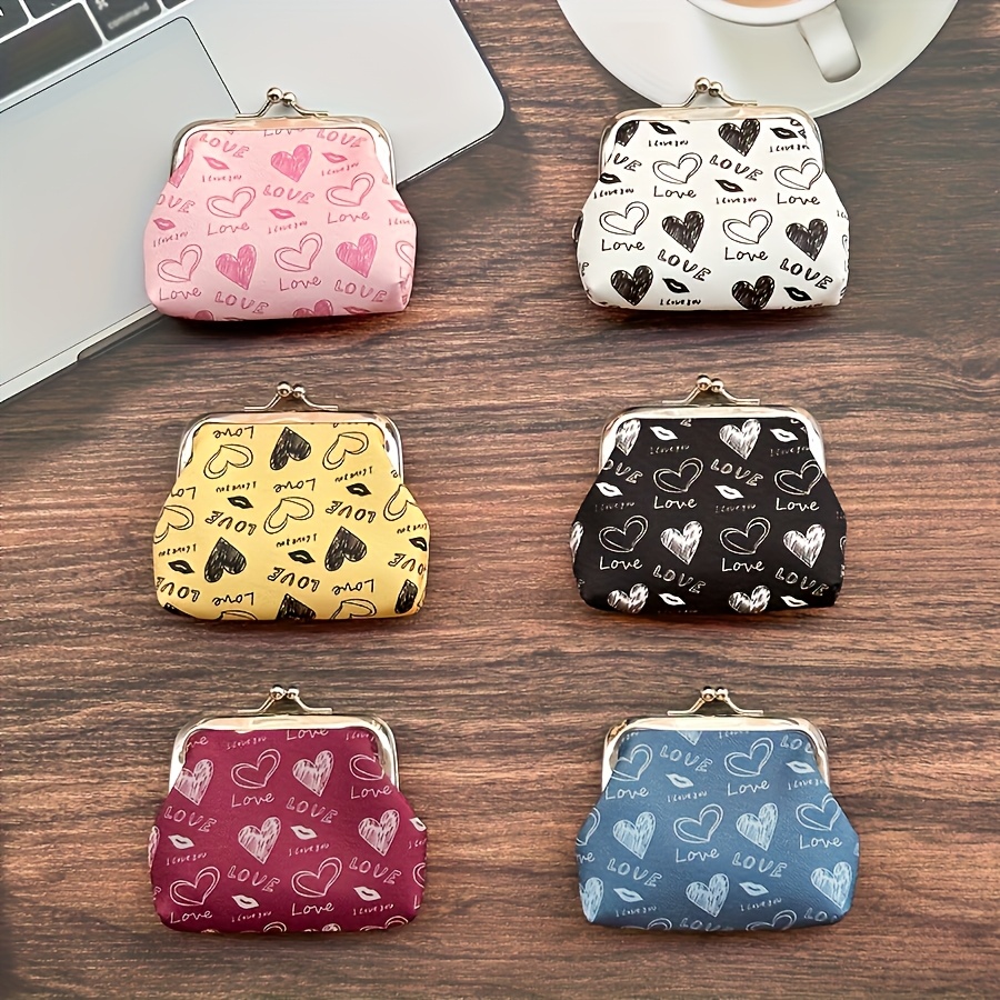 TEMU 6pcs Bolso Monedas con Estilo Clip de Moda con Impresión de Superficie de , Amor y Labios, Bolso de Conveniente y , Puede Usarse Como Bolsa de
