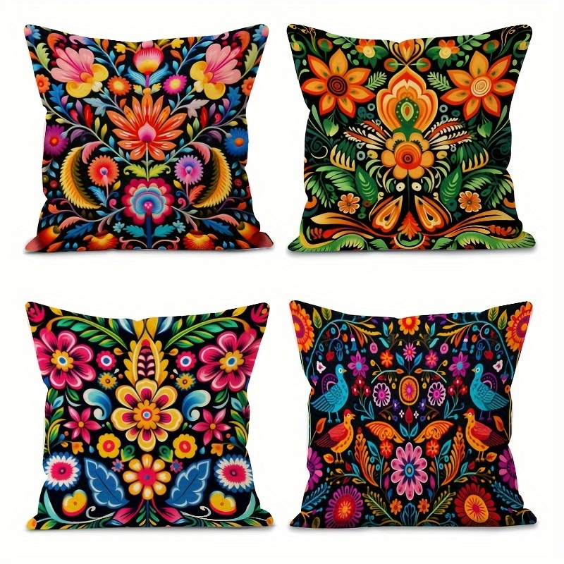 

4pcs Vibrant Mexico Floral Throw Pillow Covers - 18"x18" Decorative Cushion Cases, Machine Washable Polyester, Zippered For , Home & Bedroom Sofa Decor, No Insert Included, Throw Pillows For Couch