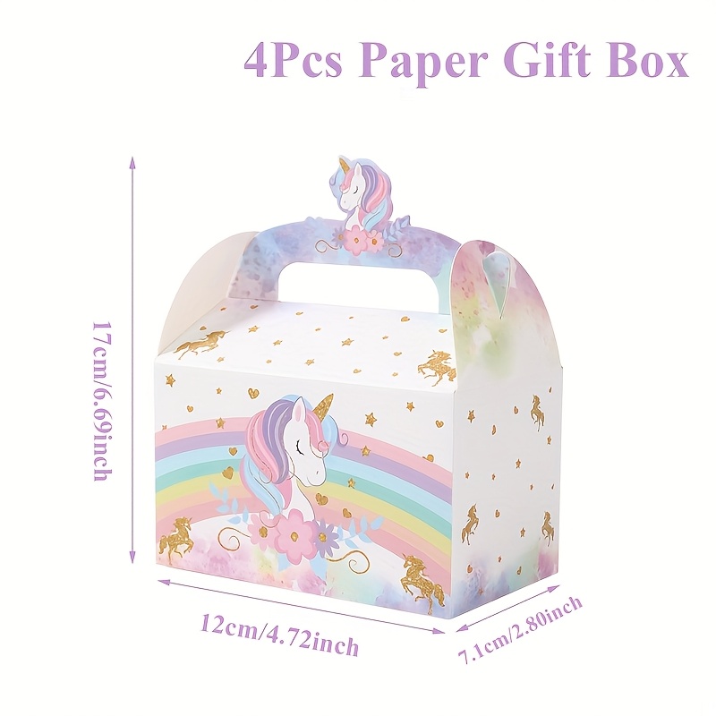Image of 4pcs, Rainbow Unicorn Paper Gift Boxes, Cartoon Rainbow Unicorn Birthday Paper Gift Boxes Candy Treat Carry Boxes With Handles, Perfect Unicorn Baby Shower & Birthday Gift Favors Decorations