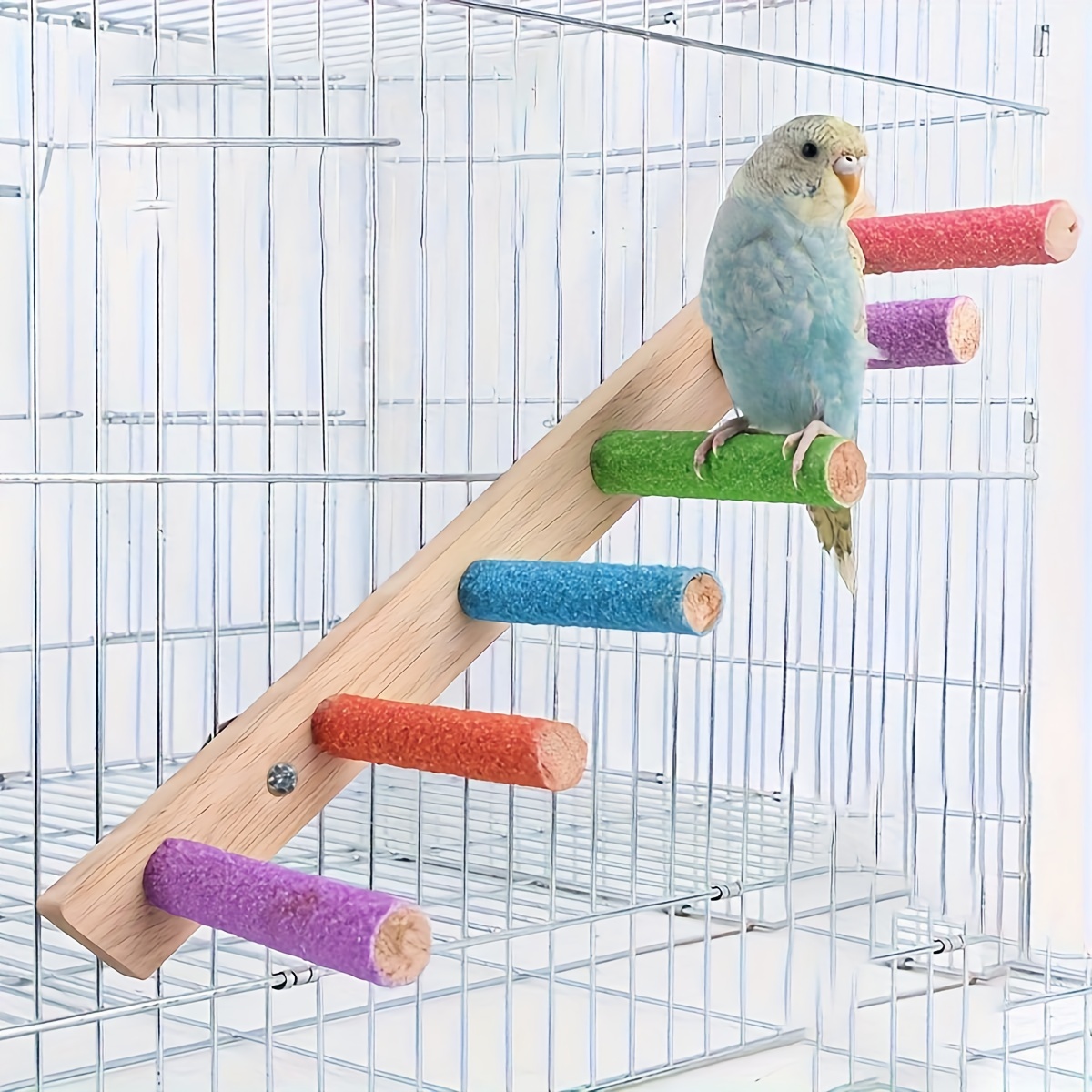 

Wooden Bird Perch, Parrot Grinding Claw Ladder Stand With Multiple Colored Dowels, Non-toxic Pet Bird Cage Accessories, Chew Toy For Parakeets, Cockatiels, , 1pc