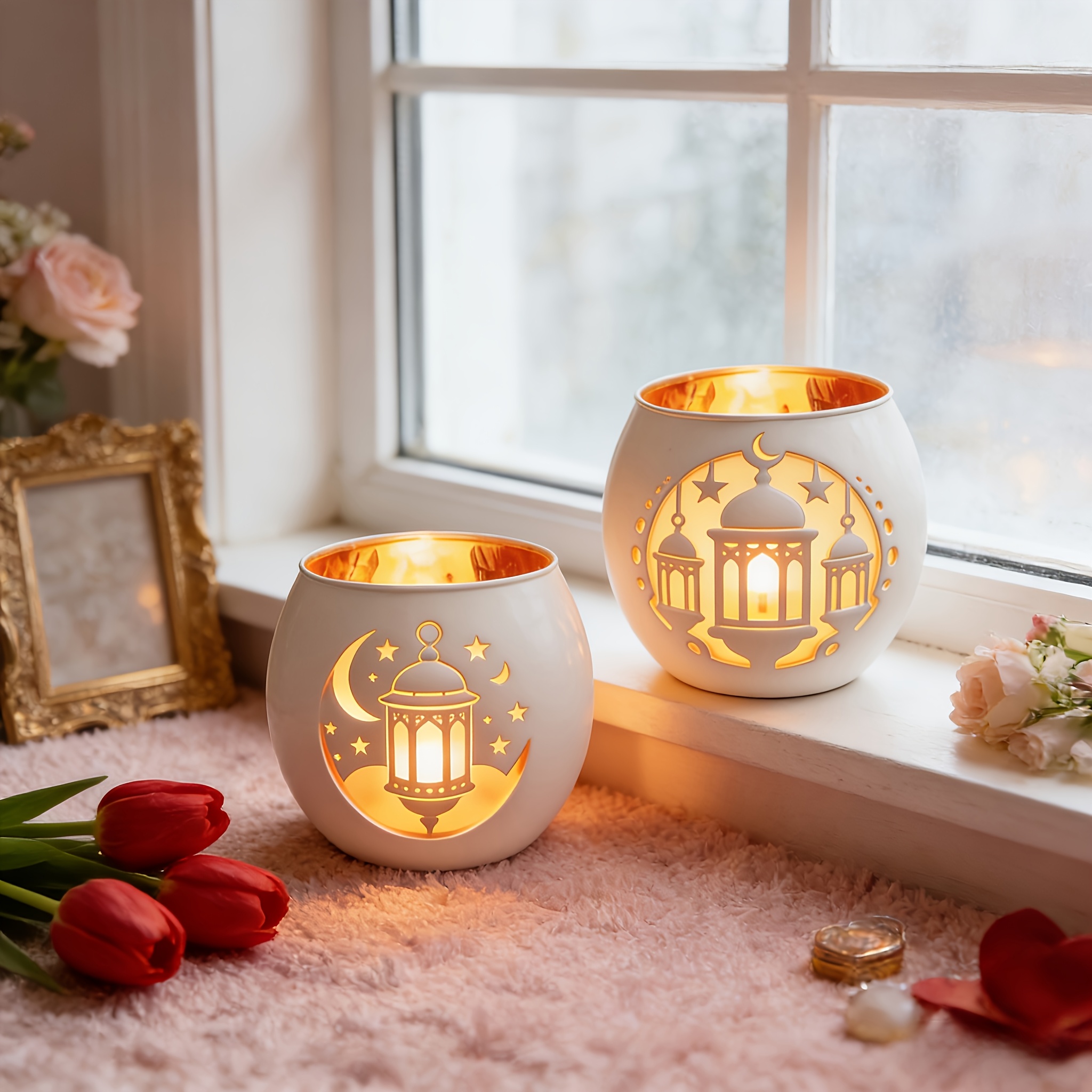 2pcs Ramadan & Star Lantern White Glass Candle Holders | Eid al-Fitr Islamic Muslim Decor, Sacred Space Meditation Ornament, Spiritual Gift & Home Ambience Essential for Ramadan Celebrations