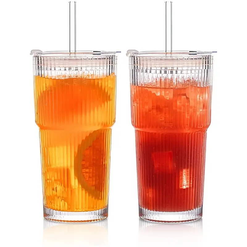 glassware set of 2 600ml 20oz ribbed glass barrel with lid and glass straw thickened glass iced coffee smoothies cocktails and juices elegant and durable beverage Product details 0