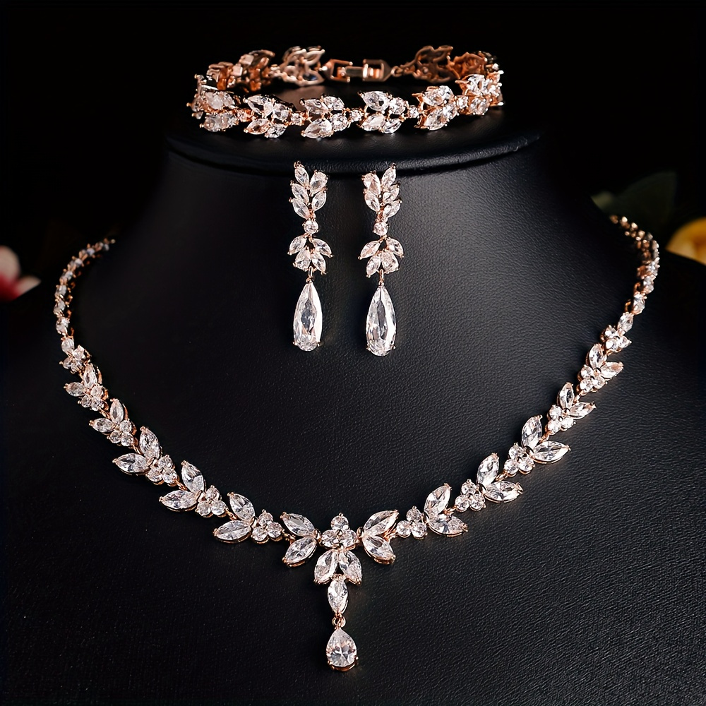 4pcs luxury copper jewelry set with synthetic zirconia elegant bridal necklace bracelet and earrings for weddings and valentines day gifts details 1