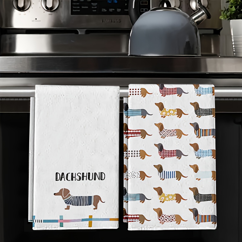 TEMU 2 unidades, Paños de cocina con estampado de perro salchicha, Toallas de cocina con diseños de perro salchicha estilo dibujos animados,