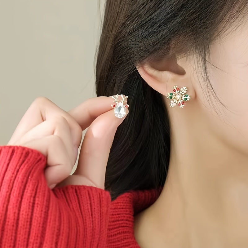 

Chic Asymmetrical Christmas Stud Earrings For Women - Luxurious Alloy With Sparkling Rhinestones, & Reindeer Designs,