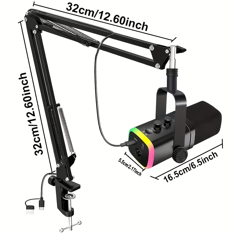 usb xlr dynamic microphone kit rgb podcast mic with mute   knob volume control and boom arm stand suitable for    5   phone cool rgb lighting recording live streaming gaming and karaoke singing