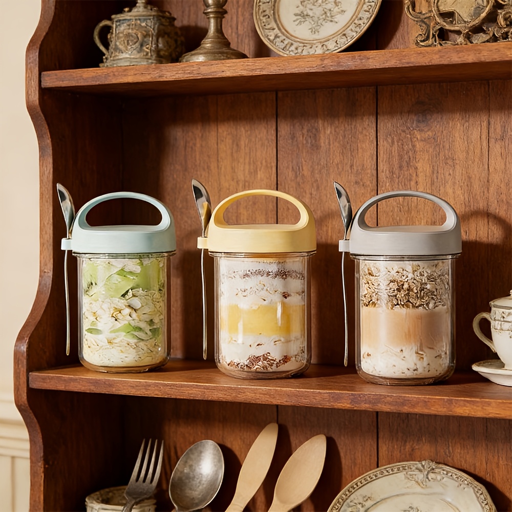 TEMU 3set Overnight Oats Jar, Simple Breakfast Yogurt Cup With Spoon, Overnight Storage Jar, Milk Cup, Salad Cup, Portable Iced Coffee Glass Cup
