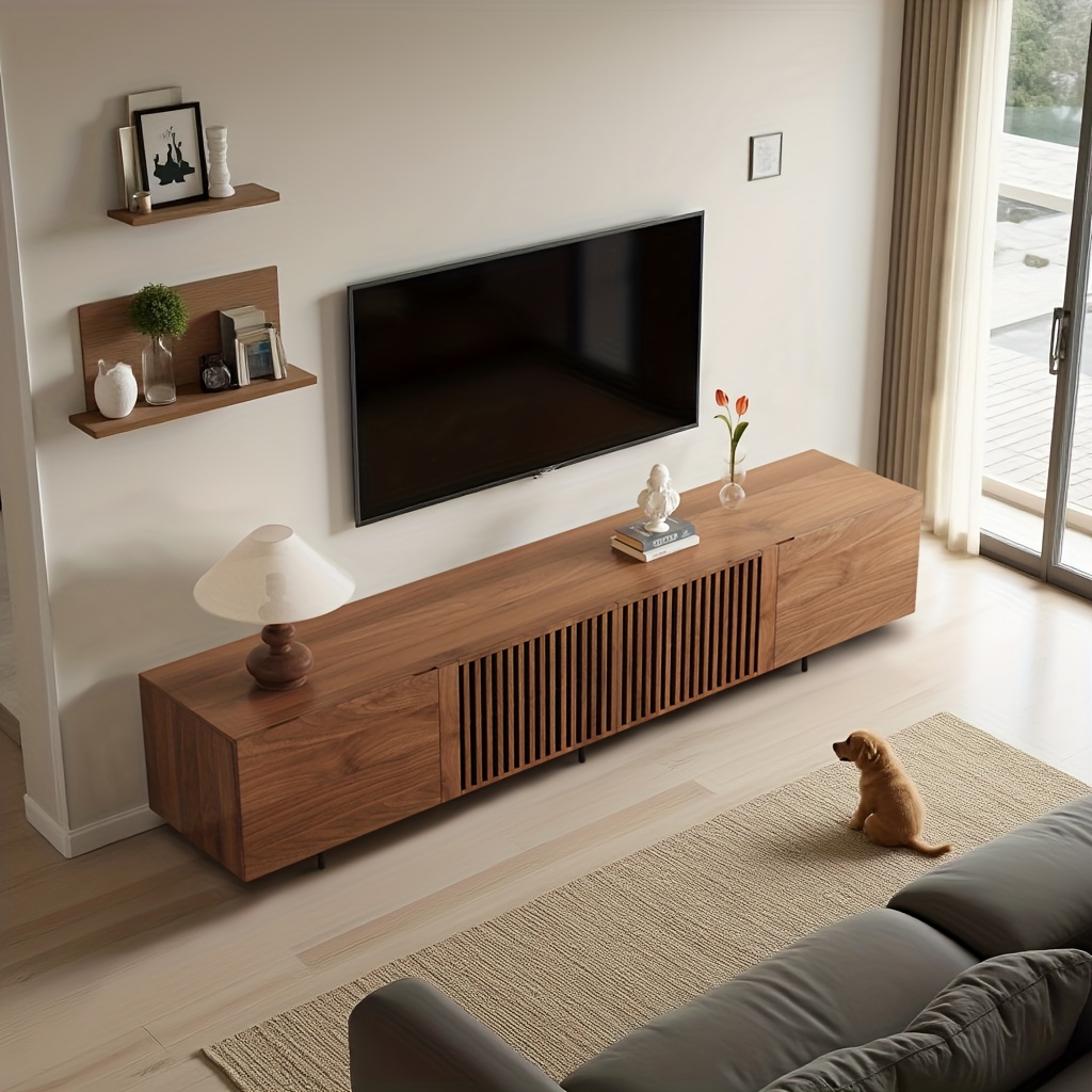 Image of Oleylucklive Tv Stand Designed For Tvs 75 Inches And Larger, Measuring 240cm, In A Walnut End, Featuring Storage Space, Suitable For Modern Bedrooms And Living Rooms